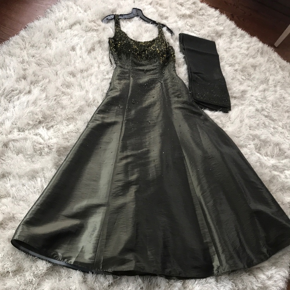 Army Green Beaded Gown Size 4 w/ Shell